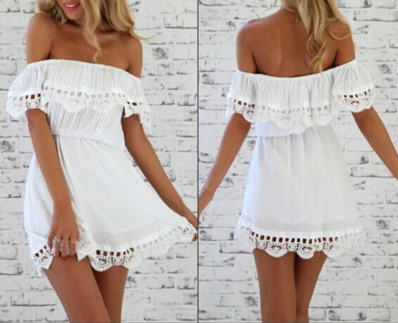 Sexy Bateau Neck Off The Shoulder Short Sleeves Flouncing Designed White A Line Mini Dress Vg42417mn