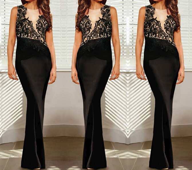 Black Lace Stitching Sleeveless Dresses Vg03