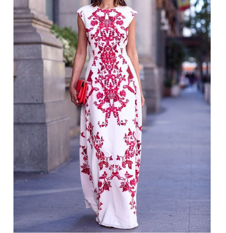 Fashion Round Neck White Printed Chiffon Dress Vg72513mn