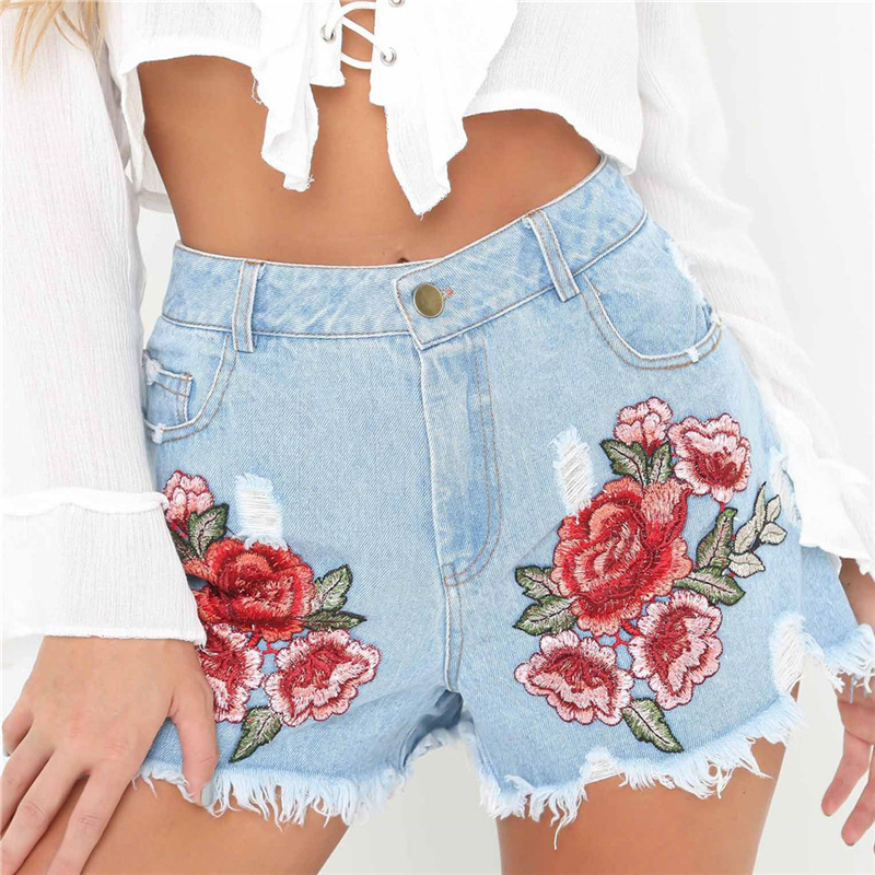 Floral Embroidered Light-washed High Rise Distressed Denim Shorts Featuring Frayed Hem