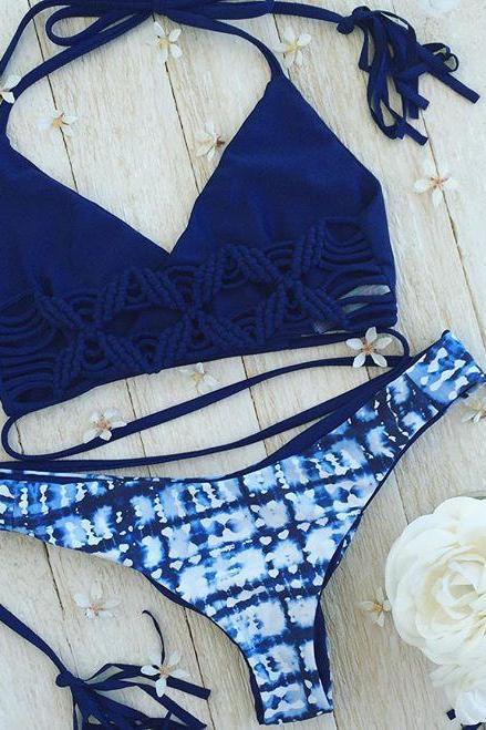 Sexy Swimwear Bandages Ladies Blue Print Bikini