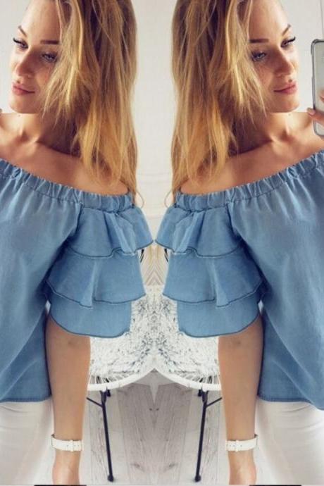 Blue Off-The-Shoulder Ruffle-Sleeved Top 