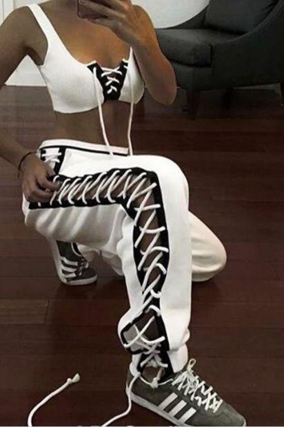 Fashion sexy side lace up type loose pants White
