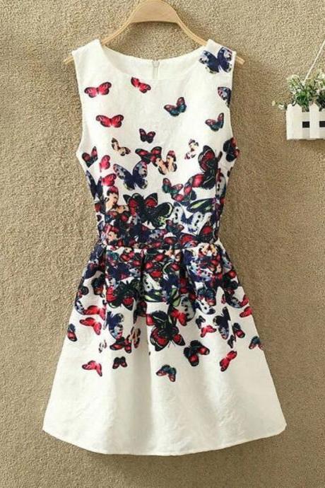 White Butterfly Print Jacquard Sleeveless Sheath A-line Mini Dress