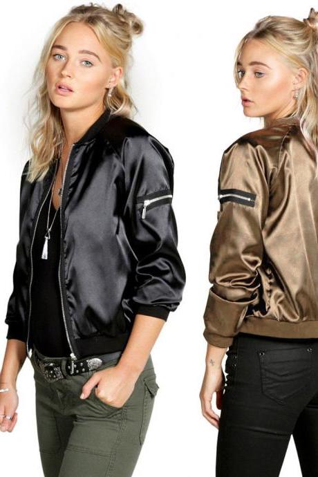 Women Solid Color Fashion Long-sleeved Zipper Jacket