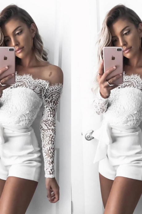 Women&amp;#039;s Long-sleeved White Lace Jumpsuits