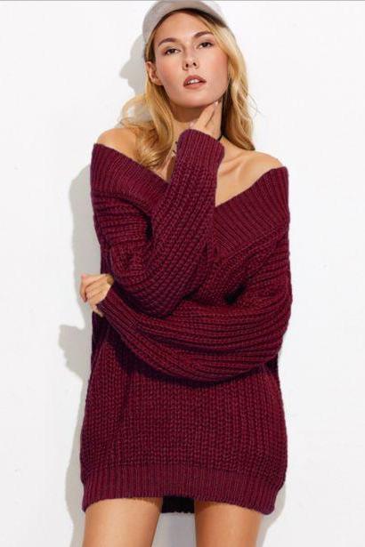 V-neck Thick Solid Knitted Women's Loose Sweater Dress