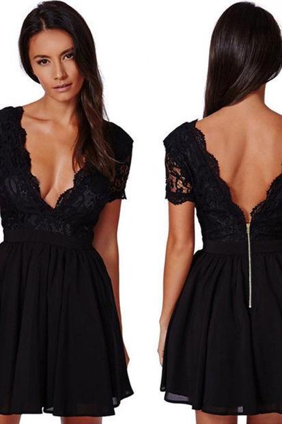 Deep V-neck V-back Backless Lace Little Black Dress