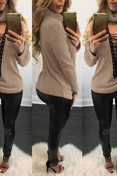 Turtleneck Sweater With Lace Up Details