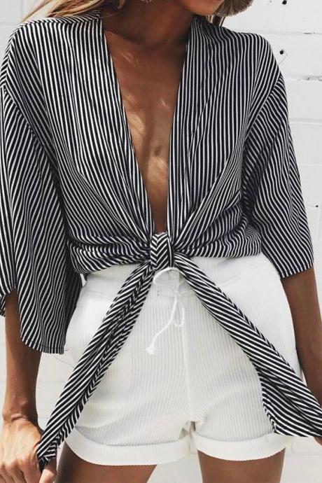 Black White Stripes Plunge V Half Sleeves Tie Front Top
