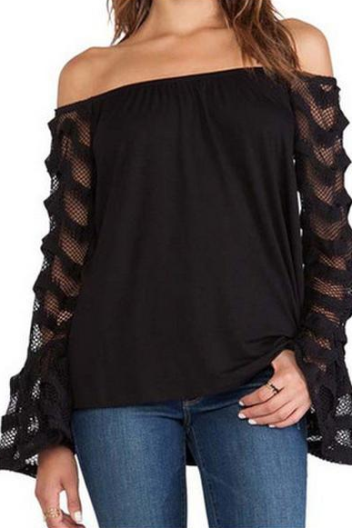 Fashion Lace Stitching Chiffon Black T-Shirt