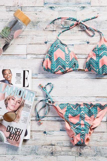 Print Halter Strappy Beach Bikini Set Swimsuit Swimwear