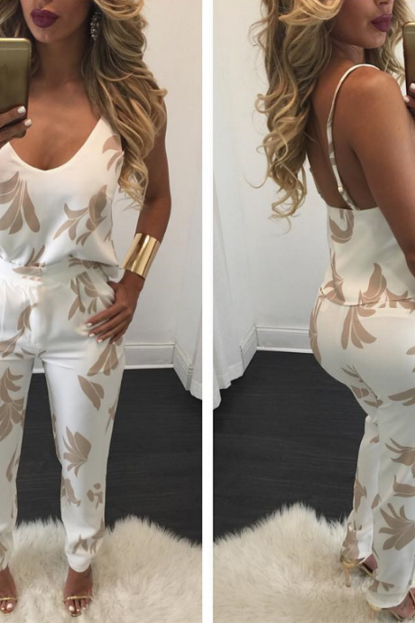 Women's Sexy Sling V-neck Printed Two-piece Trousers