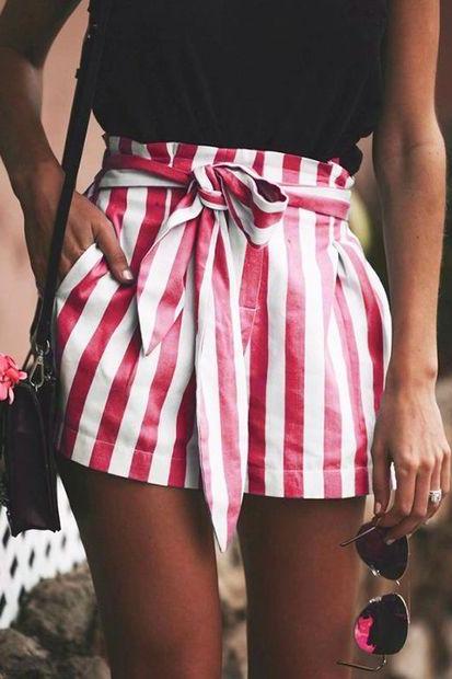 Red And White Stripes High Rise Shorts Featuring Bow Accent Tie Belt