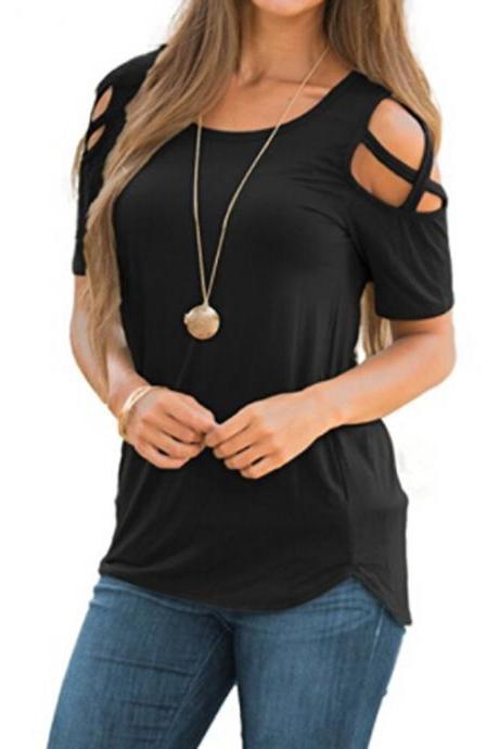 Solid Color Round Neck Short-sleeved Strapless T-shirt
