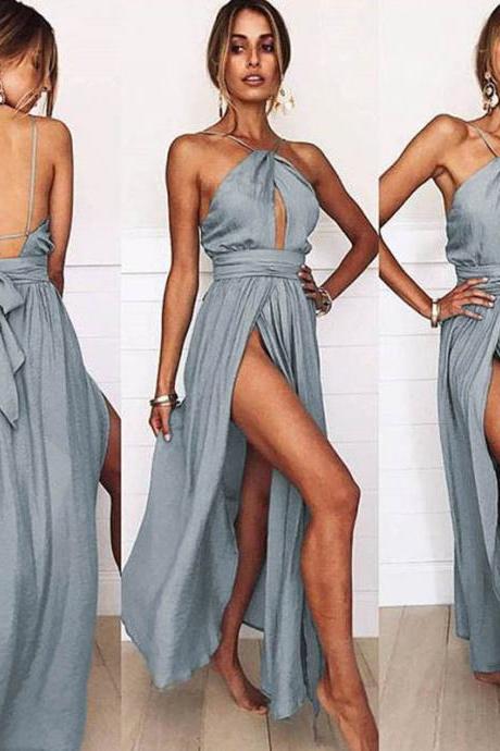 Solid Color Sexy Backless Halter Dress