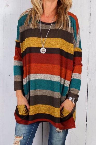 Fashion Round Neck Striped Long-sleeved T-shirt