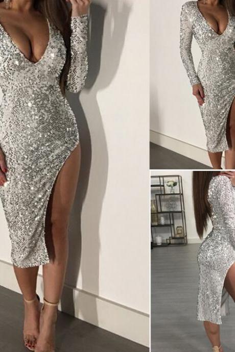 Sexy V-Neck Sequined Long Sleeve Dress