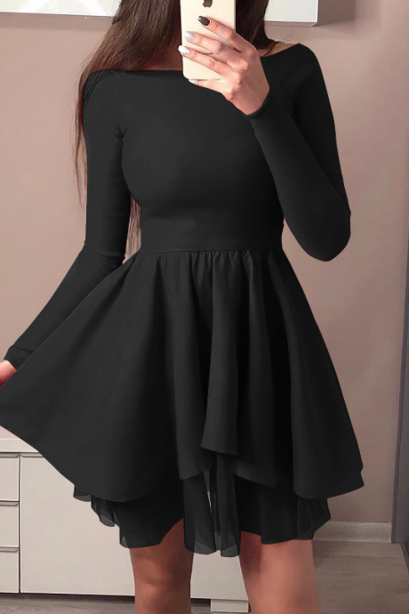 Solid Color Fashion Round Neck Long Sleeve Dress