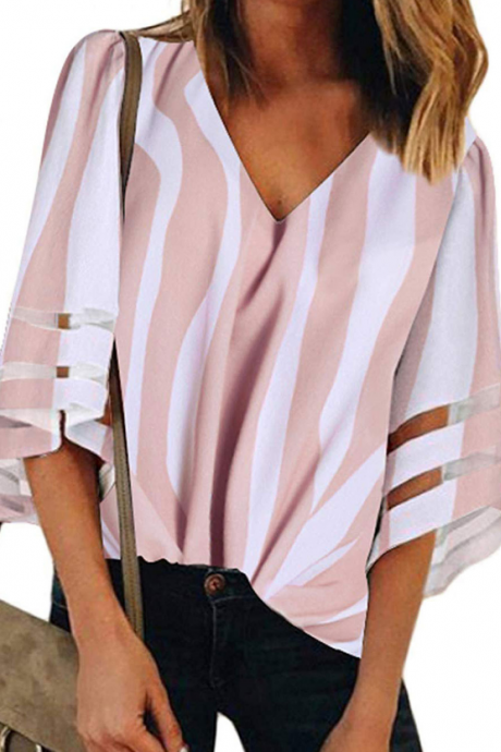 V-neck Mesh Stitching Striped Printed Shirt Top