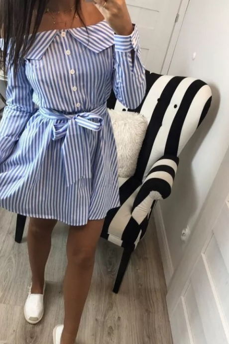 Sexy Striped One-shoulder Bow Long-sleeved Dress