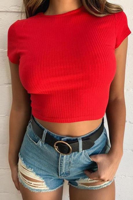 Solid Color Women's Round Neck Short-sleeved Slim T-shirt