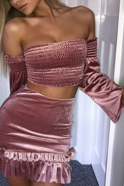 Solid Color Ruffled One-Shoulder Two-Piece Dress