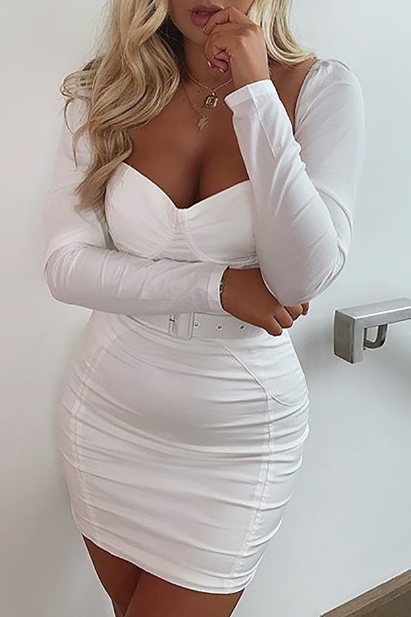 White Solid Color Long Sleeve Bag Hip Dress