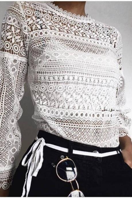White Solid Color Lace Long Sleeve Shirt