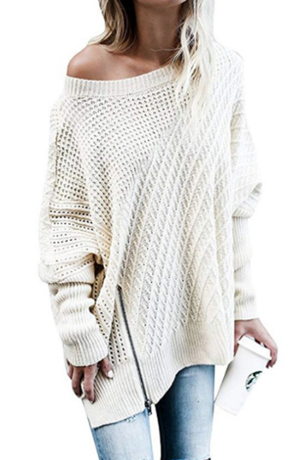 Fashion Zipper Bat Sleeves Off-the-shoulder Knit Sweater