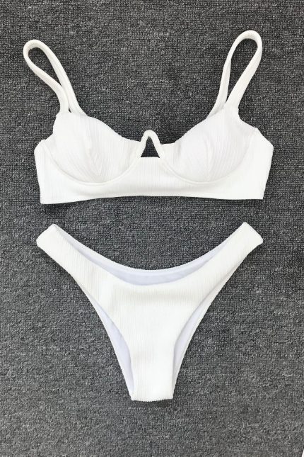White Split Sexy Solid Color Bikini Swimsuit Set