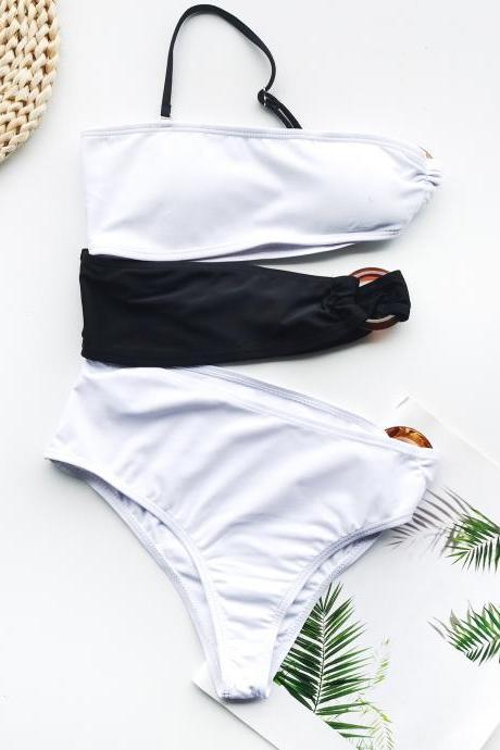 Elastic Splicing One-piece Irregular Bikini Swimsuit