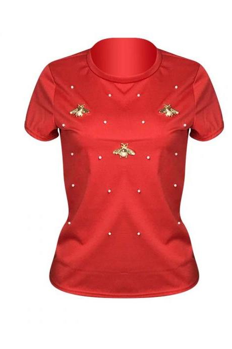 Short Sleeve Stretch Beaded Butterfly Round Neck Plus Size T-shirt