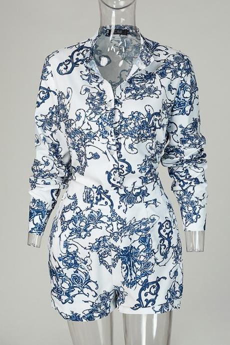 Elegant Blue Long Sleeve Printed Jumpsuit