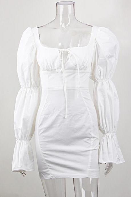 Long Sleeve Women's White Slim High Waist Dress
