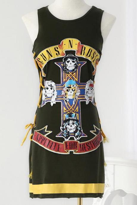 Fashion Skull Print Lace-up Side Bodycon Mini Dress