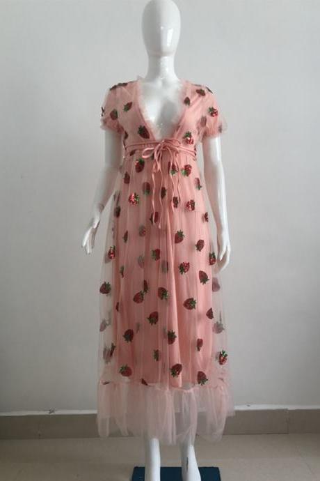 V-neck Short Sleeve Women's High Waist Strawberry Dress