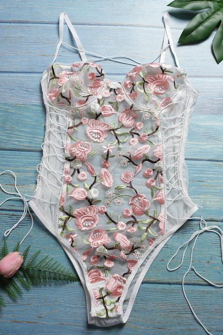 Sexy Lace Flower Spliting Bodysuit