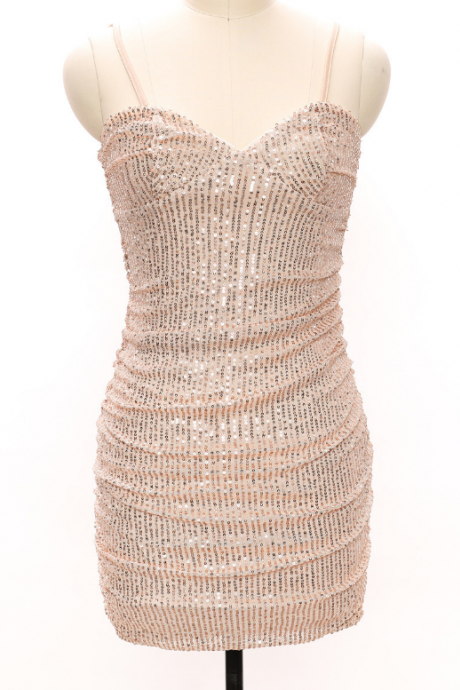 Sexy Low-Cut Suspenders Gold Sequins Temperament Package Hip Dress