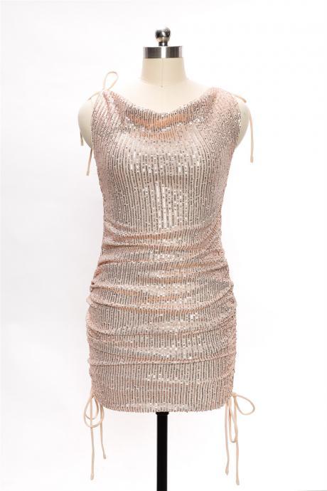 Solid Color Sequins Temperament Sexy Sling Backless Dress