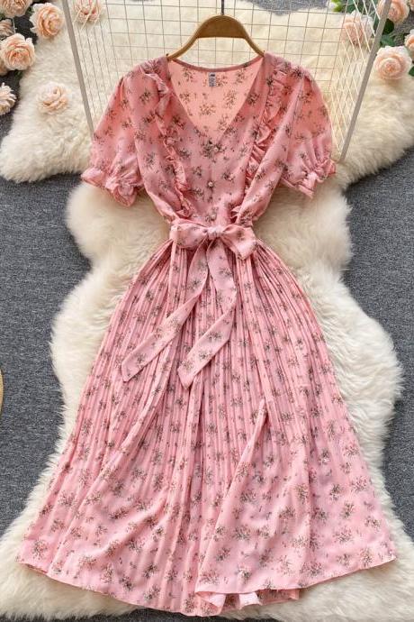 Elegant V-Neck Printed Chiffon Dress