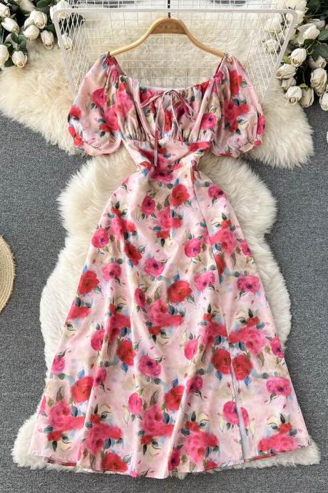 Vintage Floral Puff Sleeve Princess Dress