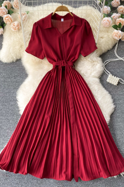 Solid Color Temperament High Waist Chiffon Dress