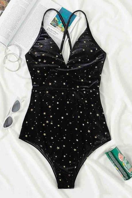 Black Sexy Deep V Backless One Piece Swimsuit