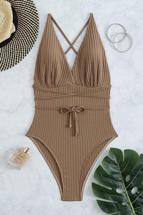 Sexy Deep V-Neck Solid Color One Piece Bikini Swimsuit