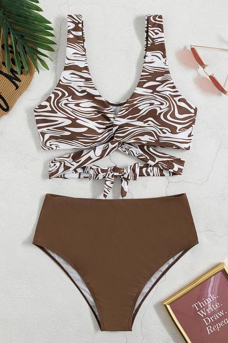 Sexy Solid Color Split High Waist Stretch Bikini Swimsuit