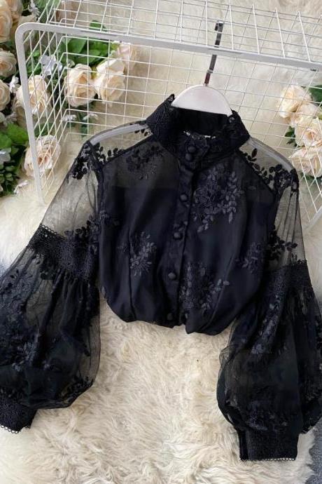 Vintage Tulle Lace Blouse Stand Collar Three-Dimensional Embroidery Bubble Sleeve Slim Shirt