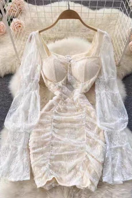Temperament Square Collar Dress Sweet Hot Wind Lace Perspective Lantern Sleeve Waist Dress