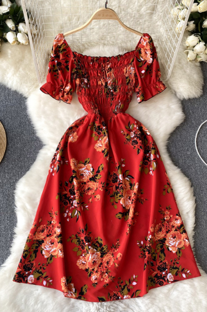 Chiffon Floral Slim Fitting Temperament Retro Sweet Printed Dress