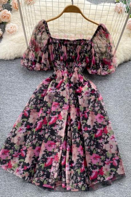Sweet Floral High Waisted Chiffon Dress